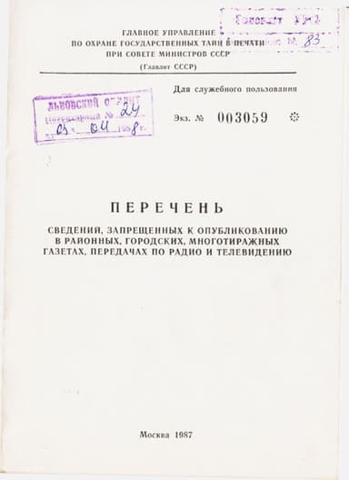 Перечень сведений, запрещенных к опубликованию в районных, городских, многотиражных газетах, передачах по радио и телевидению 1987 г.